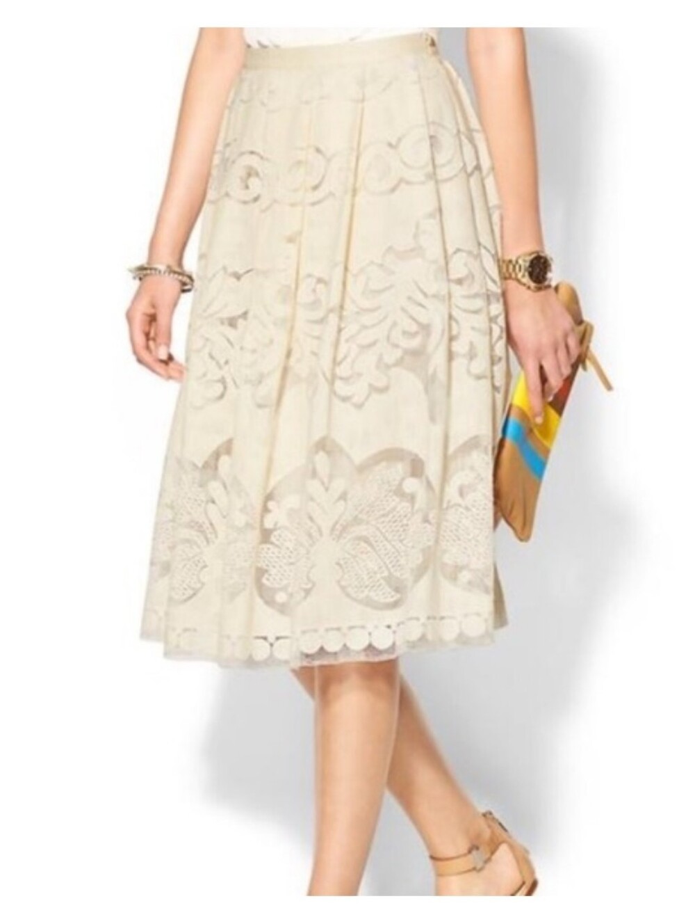 Champagne & Strawberry Cotton Blend Ivory Lace Midi Skirt L